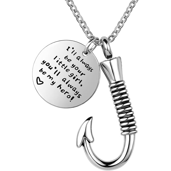 Fish Hook Urn Necklace For Men Stainless Steel Cremation Jewelry For Ashes Of Loved Ones Keepsake Pendant Dad Gone Fishing (Customize)