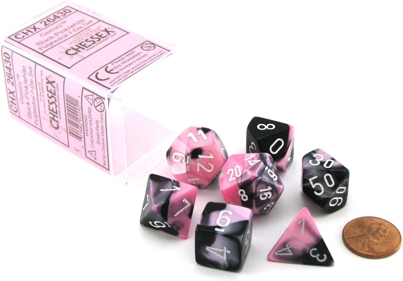 Polyhedral 7-Die Gemini Dice Set - Black-Pink with White