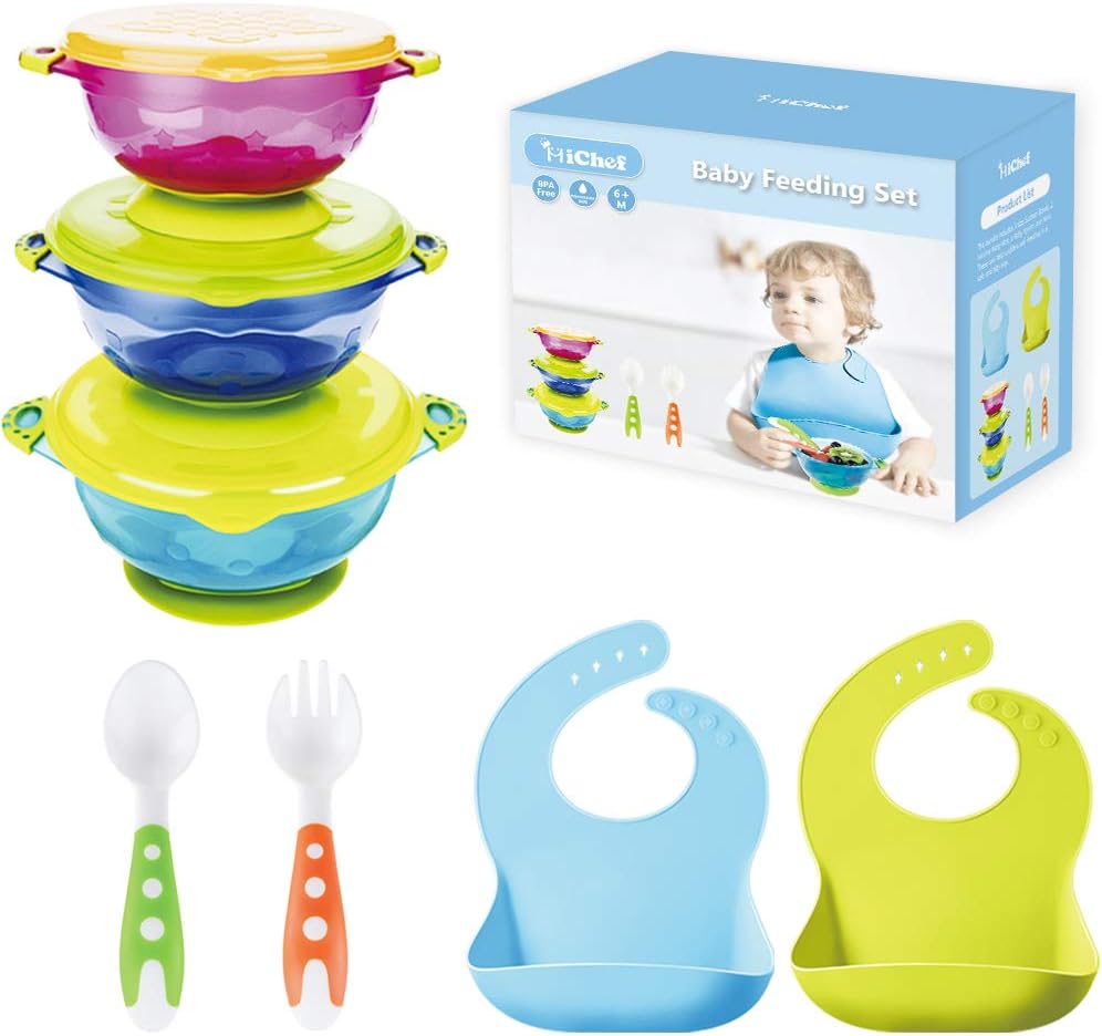 MICHEF Baby Bowls, Baby Feeding Bowls Set with Silicone Baby Bibs (2 Pack) for Babies & Toddlers, Baby Fork and Baby Spoon Set - Perfect Baby Shower Gift Set of 3 Spill Proof Suction Bowls with Lids