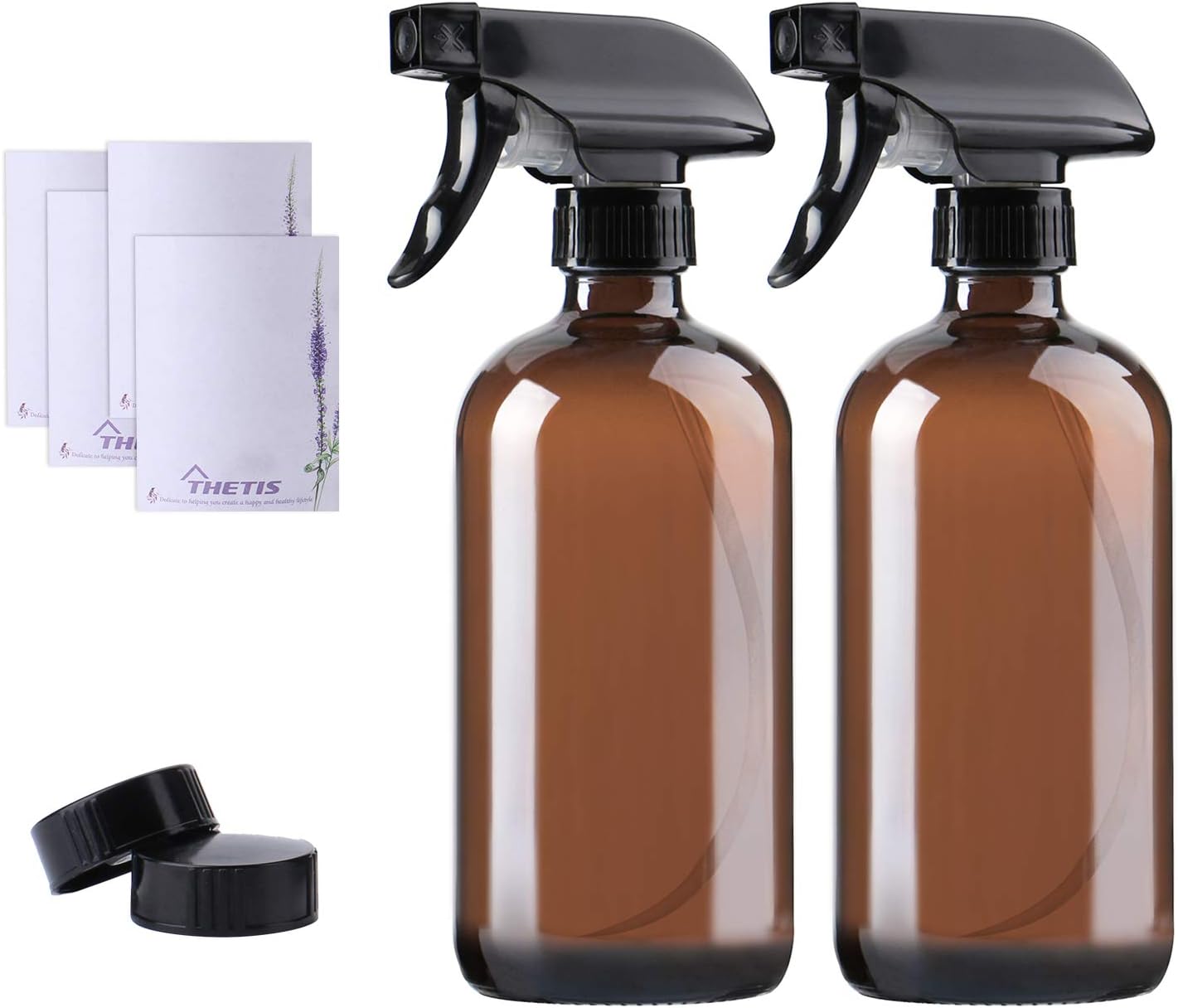 Empty Amber Glass Spray Bottles with Labels (2 Pack) - 16oz Refillable Container for Essential Oils, Cleaning Products by THETIS Homes