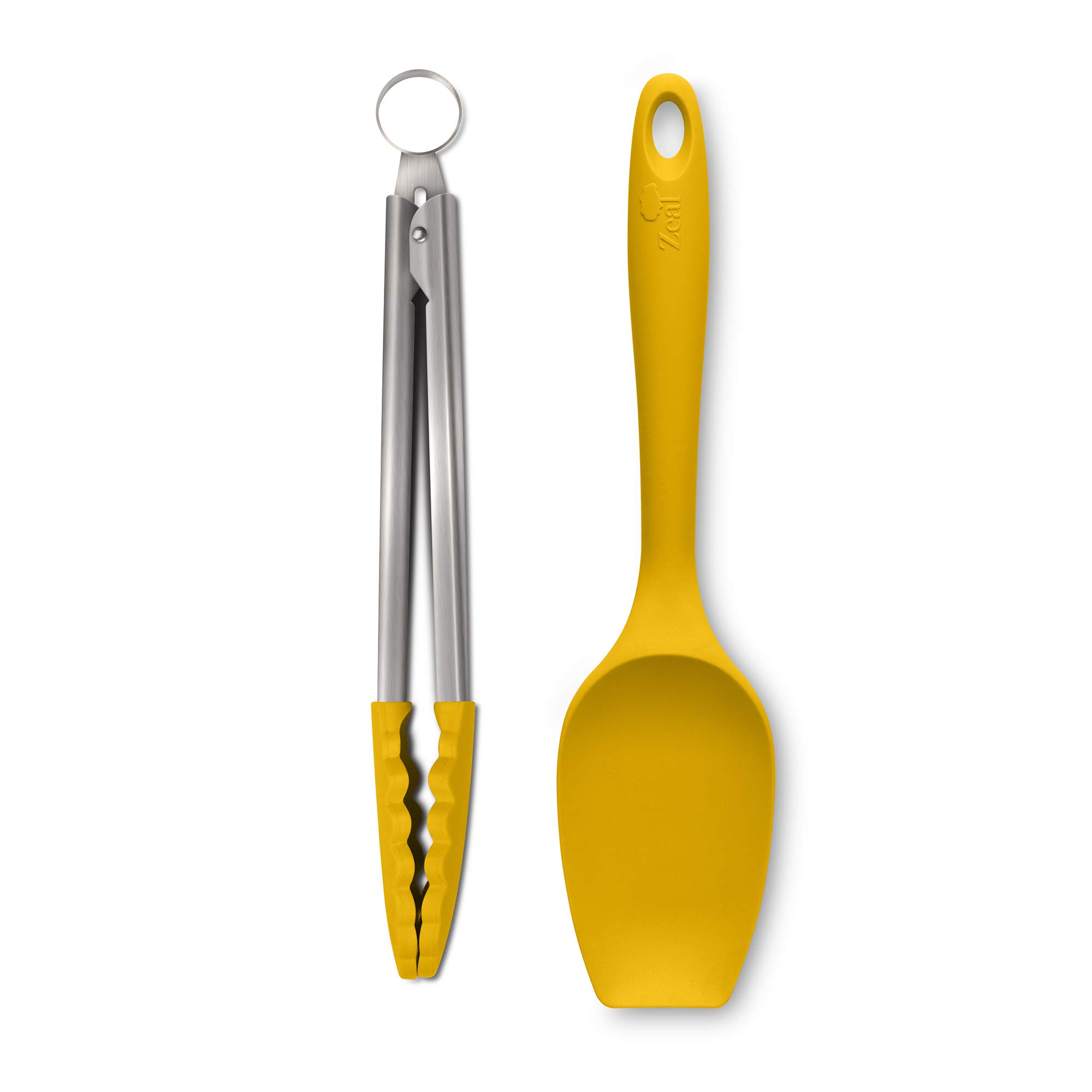 Zeal JSET11M Non-Stick Silicone Large Spatula Spoon & Cooking Tongs 2-Piece Set-Mustard