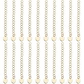 Beebeecraft 20Pcs Heart Necklace Extender 18K Gold Plated 53mm Extender Chain End Chains with Heart Chain Tabs for Jewelry Making Bracelet Findings