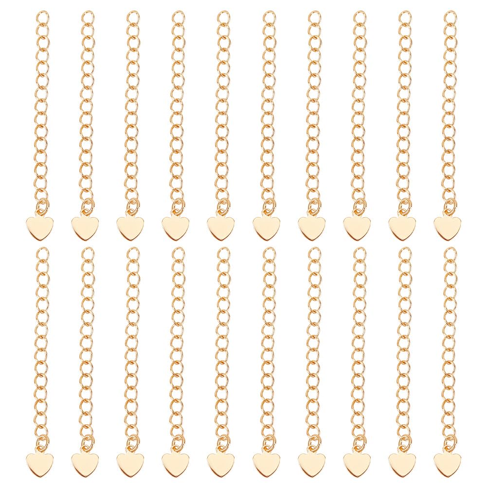 Beebeecraft 20Pcs Necklace Extenders 18K Gold Plated 53mm Extender Chain End Chains with Lobster Claw Clasps and Heart Chain Tabs for Jewelry Making