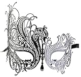 Luxury Mask Women's Swan Metal Filigree Laser Cut Venetian Masquerade Mask, Black/Black Stones, One Size