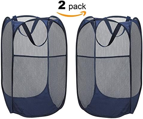 ZAFFIRO 2 Pack Foldable Pop-Up Laundry Hamper with Side Pocket, Durable Mesh Hamper Clothes Laundry Basket Storage Bag with Reinforced Carry Handles for Dirty Clothes- 14" x 24",Navy Blue