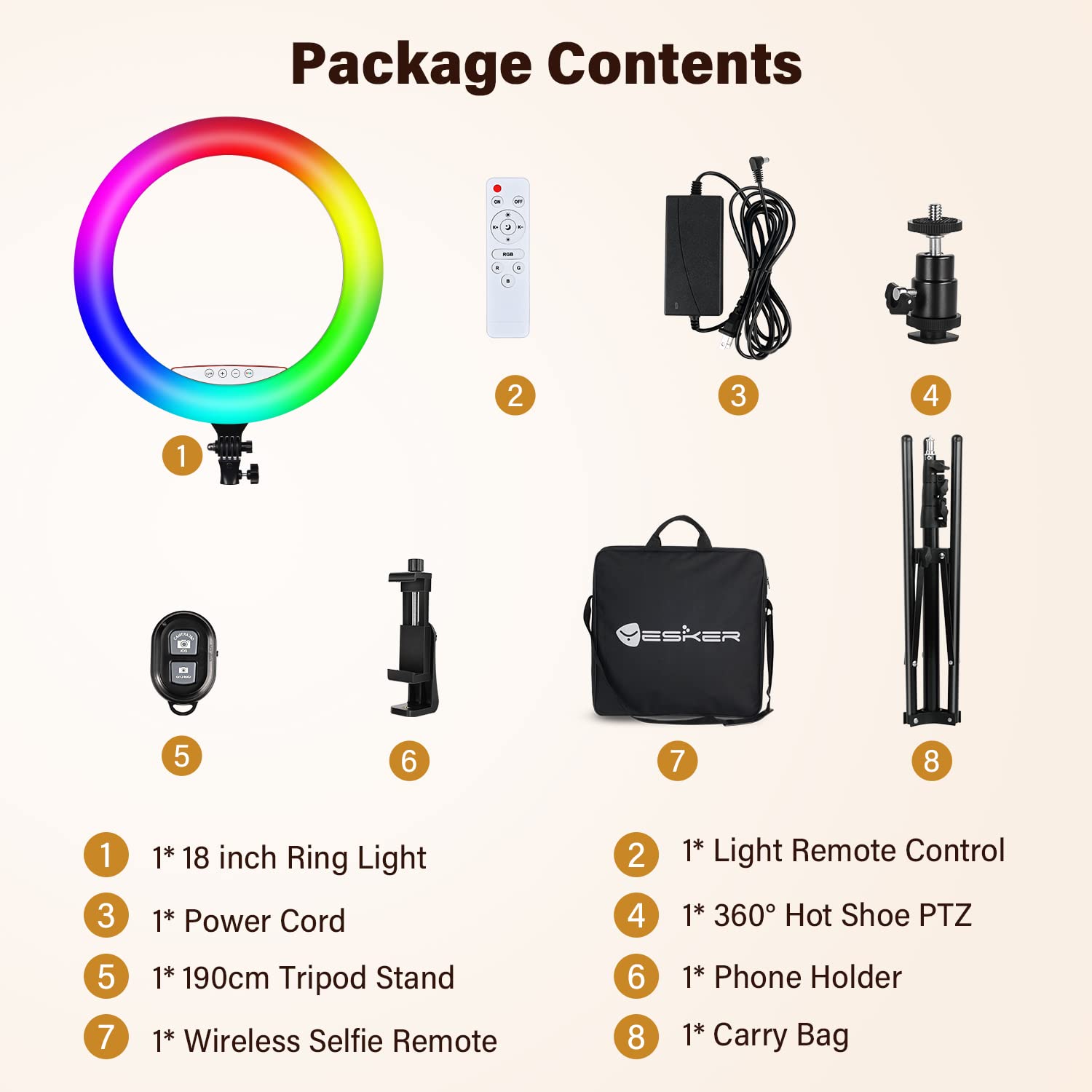 Yesker Ring Light with Tripod Stand and Phone Holder 18 Inch RGB Ringlight 25 RGB Modes Bi-Color Adjustable 2700–7000K LED Selfie Halo Light Kit for Live Stream Photography Zoom Makeup Youtobe Tiktok