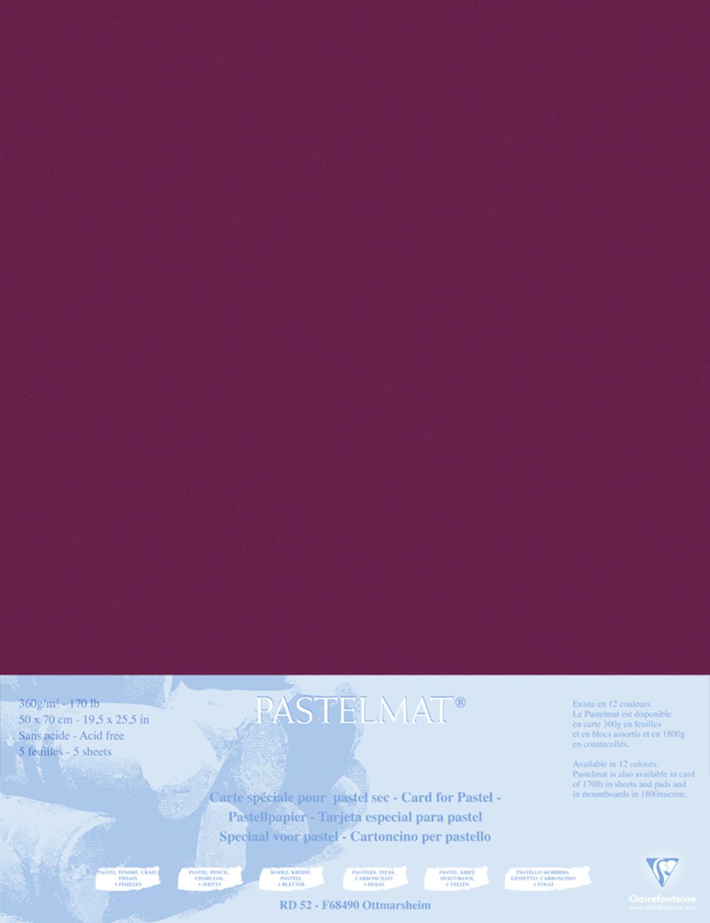 Clairefontaine - Ref 496016C - Pastelmat Mounted Board (5 Sheets) - 1800 Microns - 50 x 70cm - Burgundy Colour - Specially Formulated For Use With Pastels