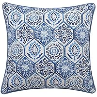 MANOJAVAYA 18"X18" Ottoman Tile Print Navy Cotton Decorative Square Throw Pillow Cover for Sofa Living Room Guest Couch New Home Decor Chair Bohemian Patio Bedroom Office (18"X18", Ottoman Tile(Blue))