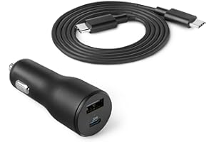 Amazon Basics Fast-Charging Car Charger, 1 USBC+1 USB-A, 32w, with one 3-Ft Straight Cable, Black