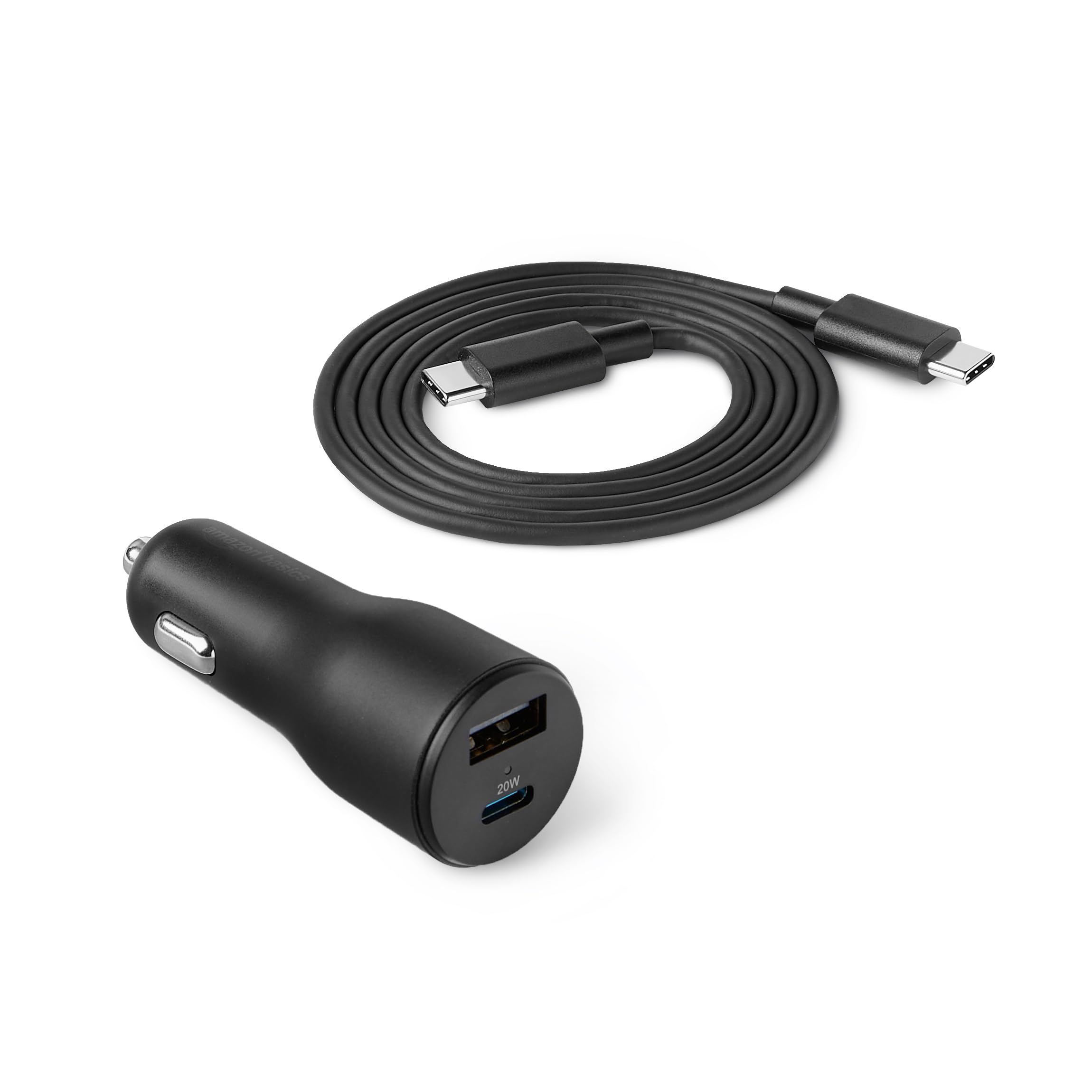Amazonベーシック 車載充電器 高速充電対応 カーチャージャー 32W 2ポート搭載 (USB-C / USB-A) ストレートケーブル付き 7.3×2.8×2.8cm ブラック