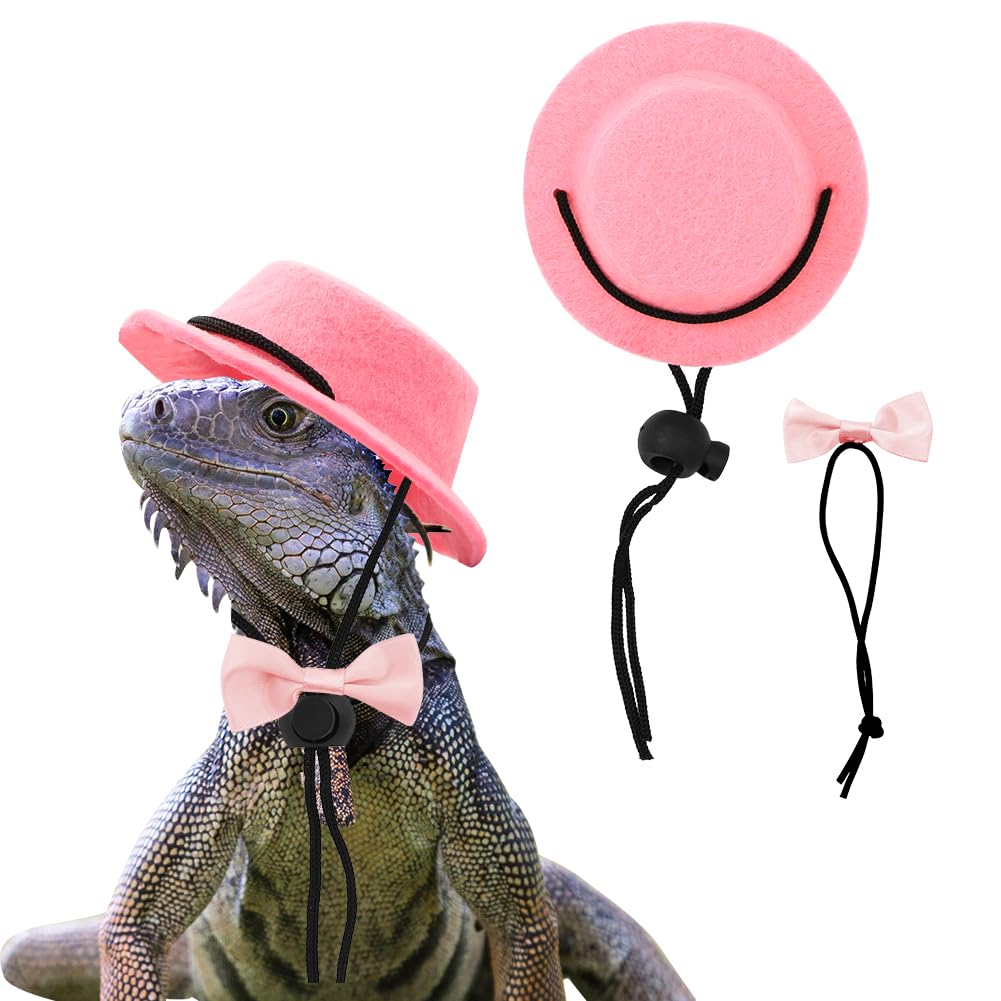 Bearded Dragon Hat and Bowtie,2 Pack Pink Cute Valentine's Day Small Pet Costume Outfits Accessories Set for Lizards Geckos Hamsters Bearded Rats