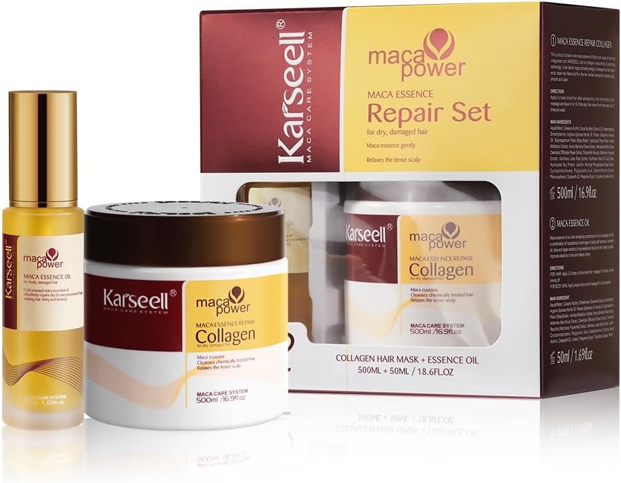 Karseell Collagen Hair Mask and Oil for Hair, Maca Essence Repair Set for Dry and Damaged Hair All Hair Types, 500 ml + 50 ml