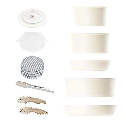Caannasweis Detachable Nonstick Cookware Set - Stackable Induction Pots and Pans With Removable Handles, Dishwasher Safe - For RV Camping, Oven and Stovetop Use, 5 Pieces (Beige)