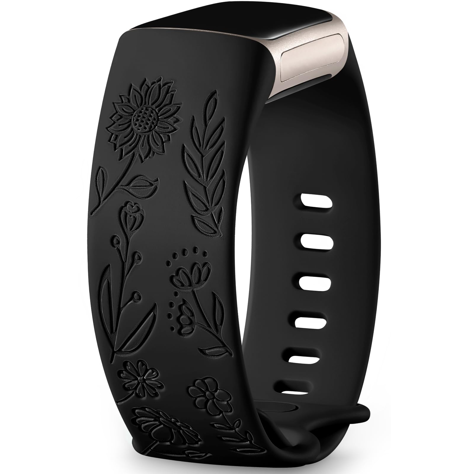 Epova Sunflower Engraved Strap Compatible With Fitbit Charge 6/5 for Women Men, Soft Sport Silicone Replacement Band, Black