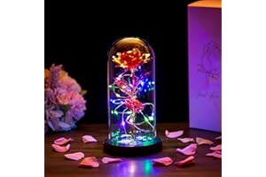GLASSEAM Galaxy Rose, Gifts for Mom LED Lights Everlasting Crystal, Beauty and Beast Rose, Rose in Glass Dome Galaxy Rose Flower Gift for Anniversary Valentines Girlfriend Wife Women, Birthday, Christmas