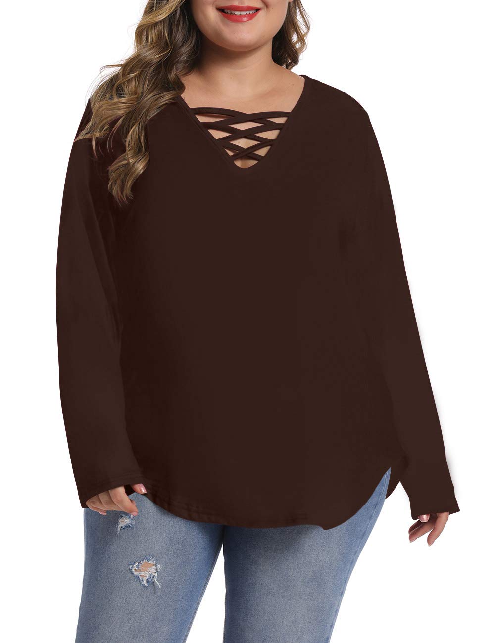 caidyny Womens Plus-Size Sexy V-Neck Tops, Causal Long Sleeve Soild Color Tunic Shirts(Dark Brown, 3XL)
