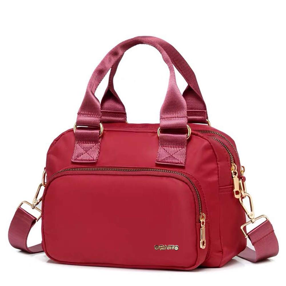OPXTO Nylon Shoulder Handbags for Women, Waterproof Multi Pocket Purses and Cross-body Bags, High-dense Nylon Oxford Multi-function Lightweight Tote Bag. (Red)
