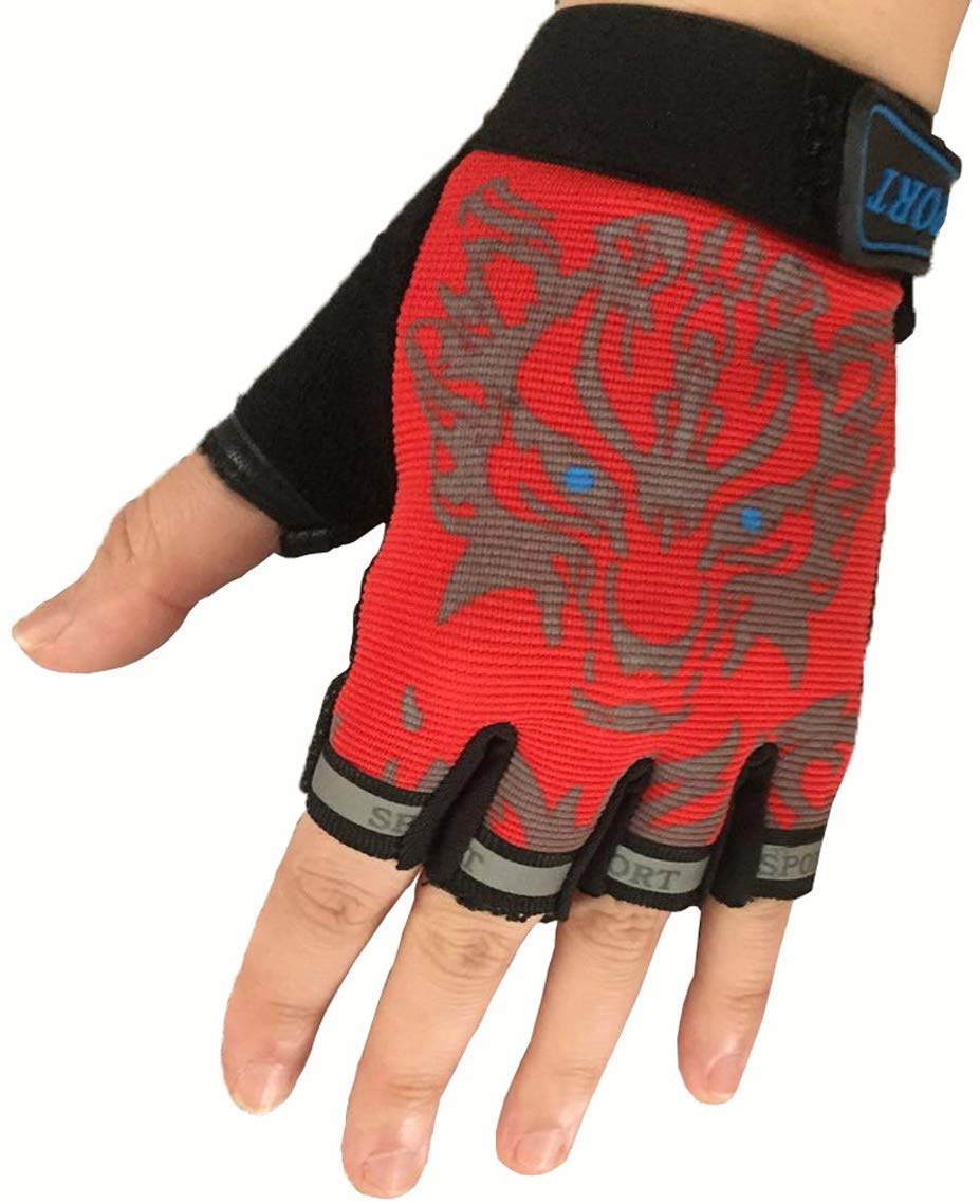 EurHouse Kids Fingerless Gloves for Bike Cycling Running Lightweight Sports Protect Non-Slip Mittens Half Finger - Red (RED)
