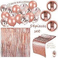 54 Pack Rose Gold Set 12inch Rose Gold Confetti Balloons with Table Runner and Foil Curtain, Ribbons for Party Baby Shower Birthday Wedding