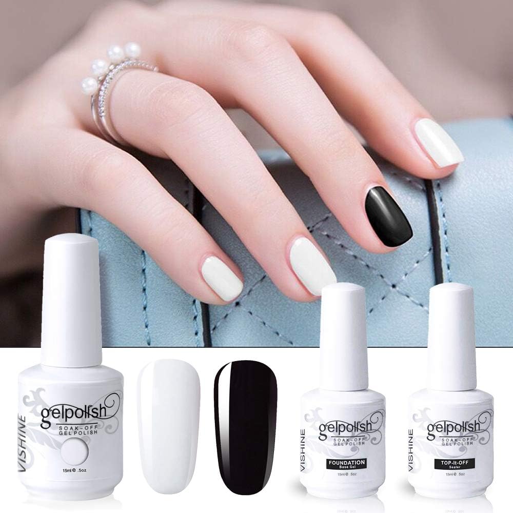 Amazon Com Vishine 4pcs Black White Gel Nail Polish Color Collection Base Top Coat Soak Off Uv Led Gel Color Set Nail Lacquers Manicure Nail Art Kit For Halloween 15ml Beauty