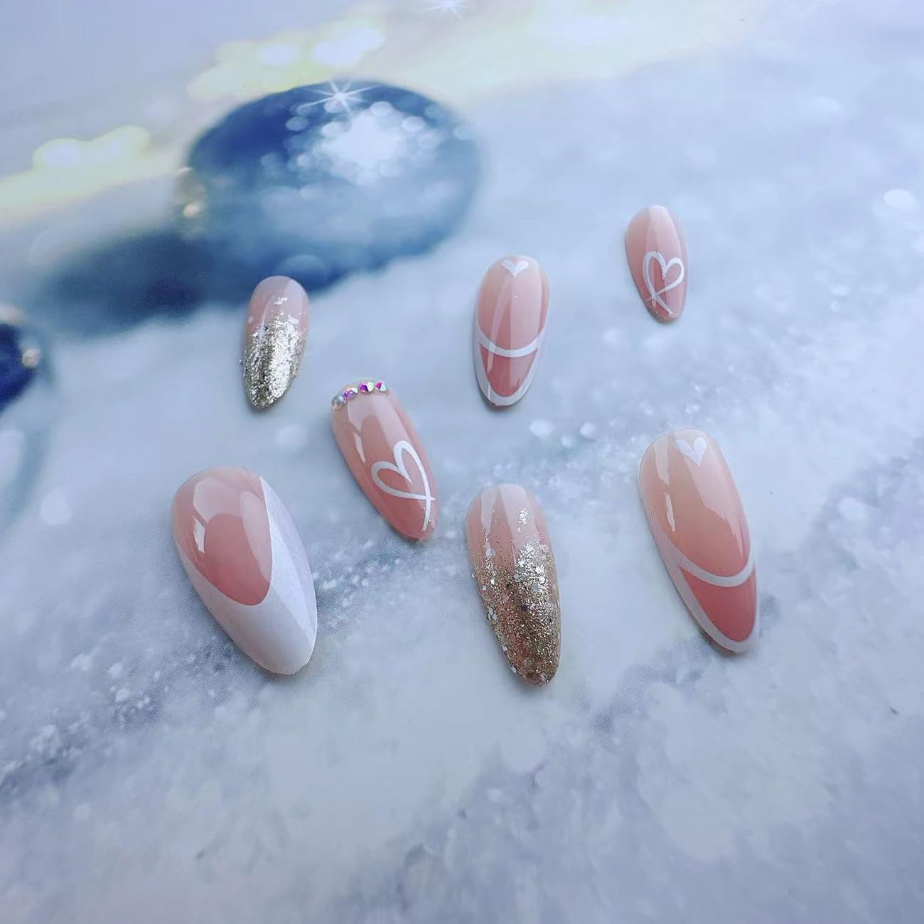 24PCS Valentines Day Press on Nails with White French Valentine's Love Heart Sparkling Glitter Heart False Nails Design Press ons Medium Almond Rhinestone Nails Valentine's Day for Women Girls - Image 4