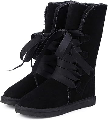 Amazon.com: FAT SHEEP Botas de nieve altas para mujer, botas de piel de  vacuno, con cordones largos, botas de invierno cálidas: Shoes