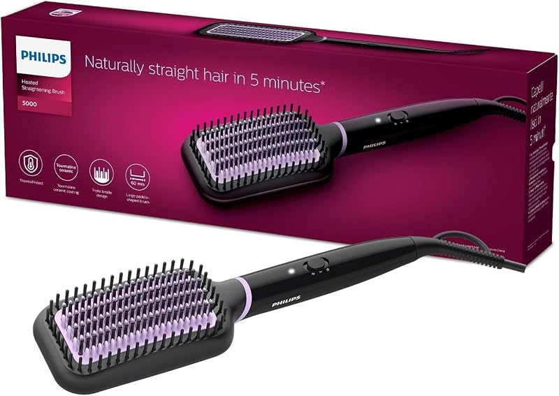 Cepillo Alisador StyleCare, con Tecnologia ThermoProtect, Revestimiento Ceramico, 2 posiciones de Temperatura, Pelo Liso Natural en 5 minutos, BHH880/00, Negro