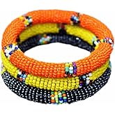 Tembo Crafts Africa - Set of 3 Handmade Bangles for Women Maasai Beaded Bracelets Boho Jewelry Gifts Orange Metallic Grey Yellow