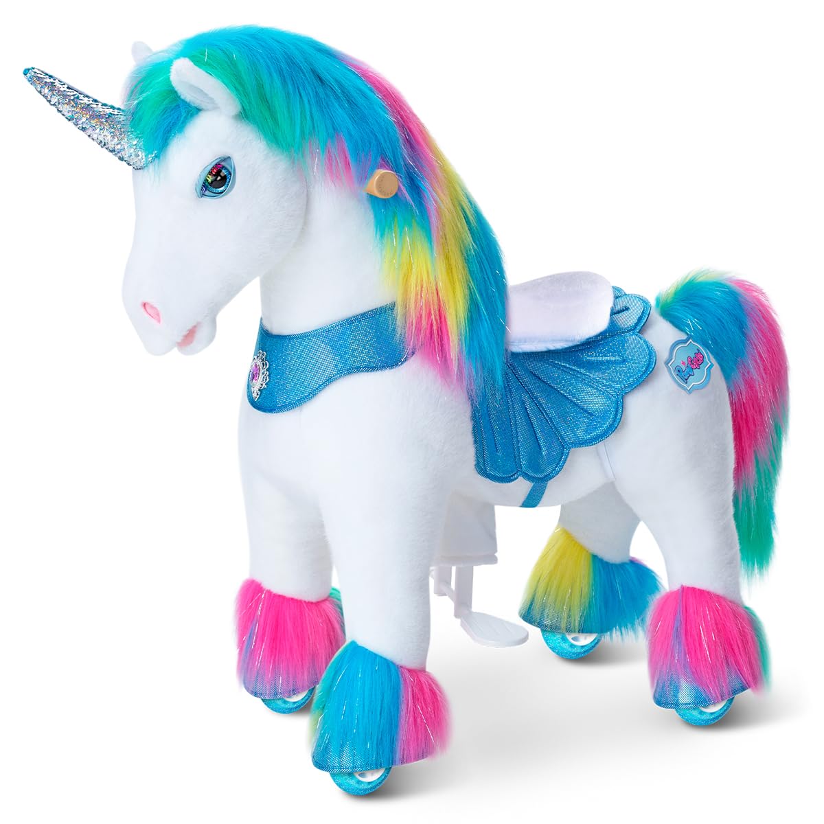 PonyCycle Ride on Unicorn for 3-4 years old, Rainbow Unicorn Ride on Toys with Sequin Horn & Sounds, Advanced Model Y Mechanical Riding Unicorn Toy Birthday Present for Girls - Y354