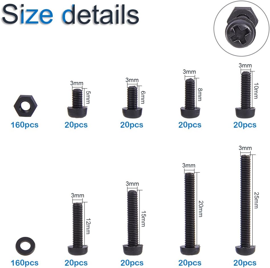 INCREWAY M3 x 5/6/8/10/12/15/20/25mm Nylon Black Screw/Nut/Washer Assortment Kit,480pcs, 8 Sizes - Image 3