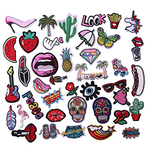 GYGYL 40pcs Assorted Size Embroidered Iron on Patches, DIY Sew Applique Repair Patch, Sew On/Iron On Patch for Jackets, Jeans, Pants, Backpacks, Clothes