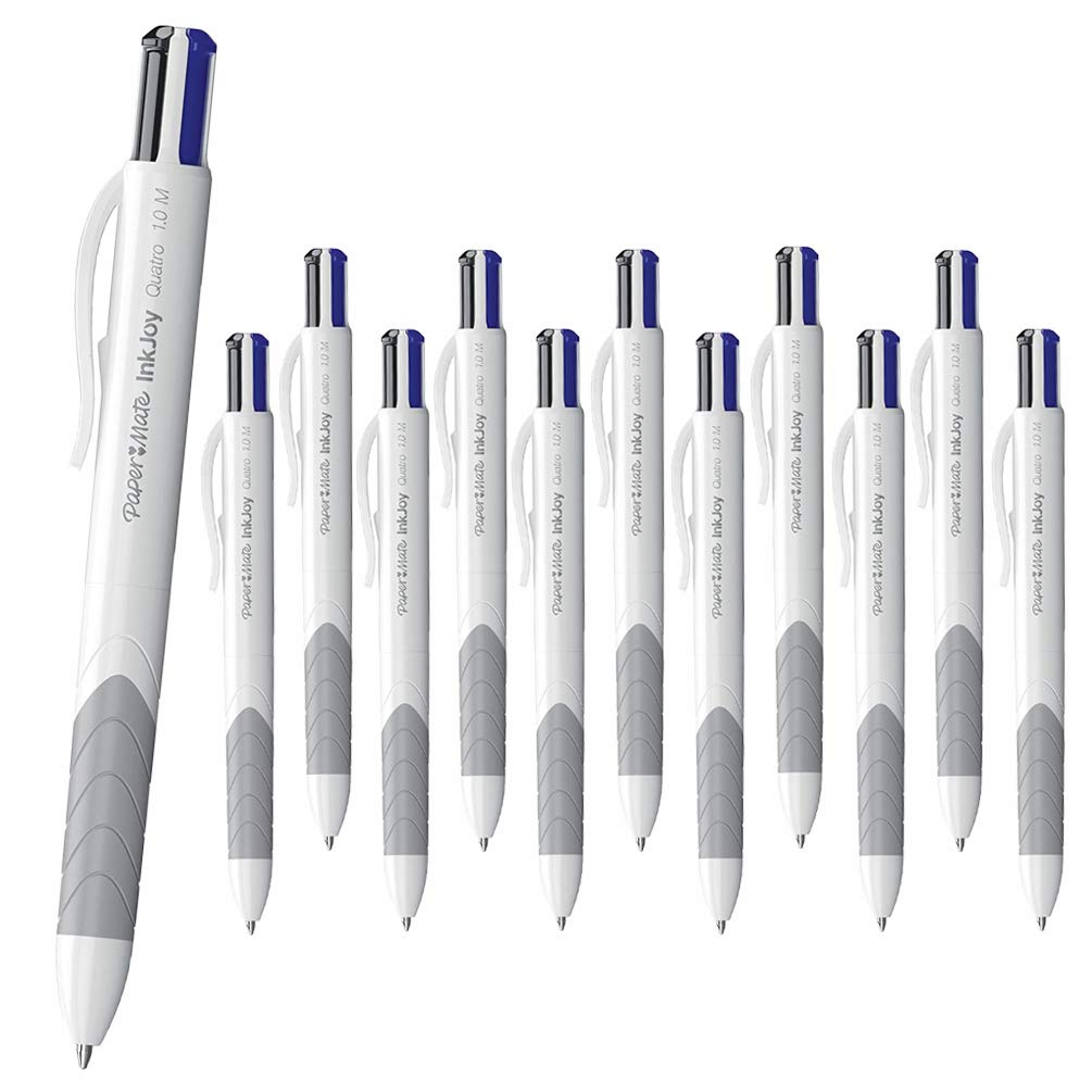 12 x Papermate InkJoy Quatro Retractable Ballpoint pens, 1.0mm Medium Point, White/Grey - Loose in Plain Packaging