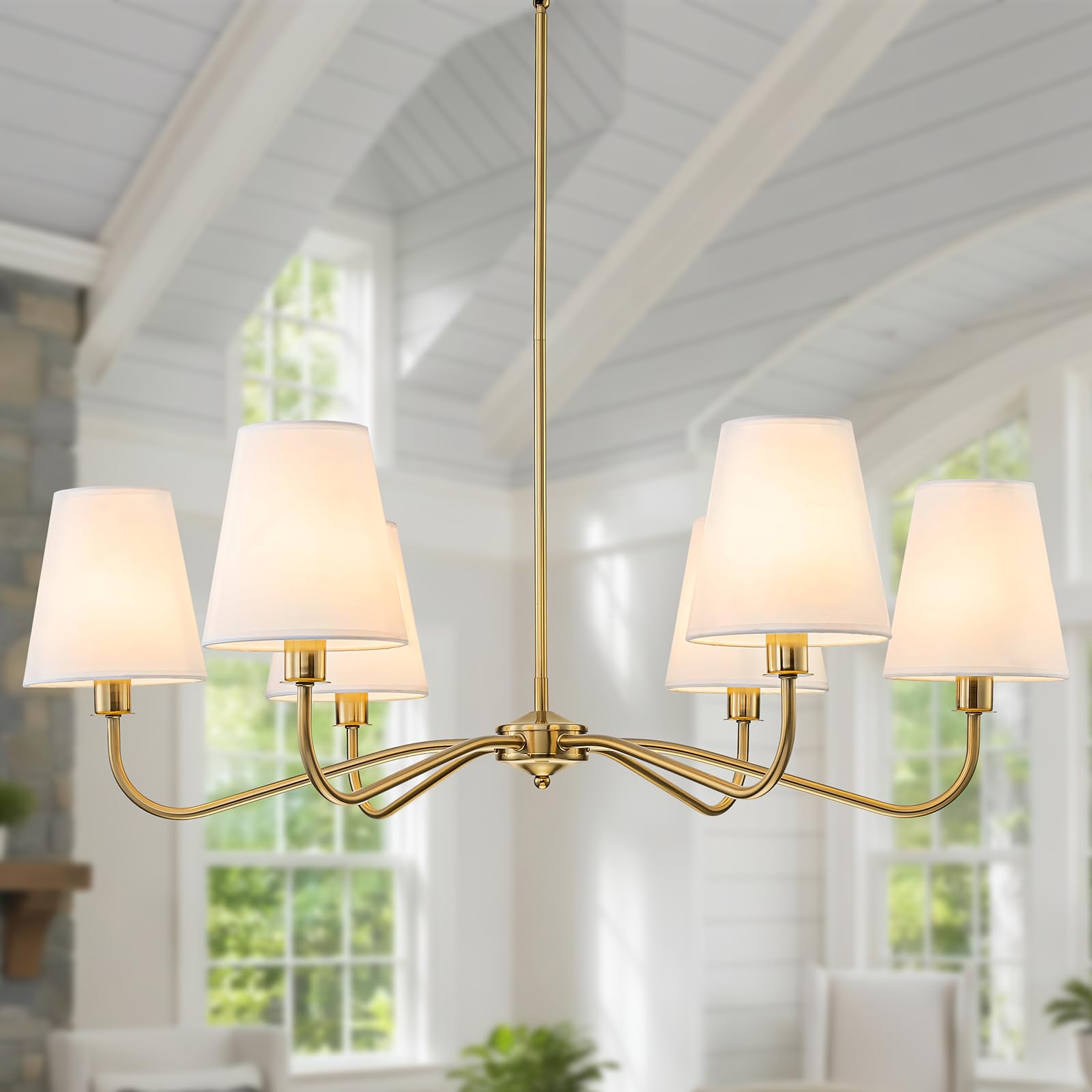 Photo 1 of *INCOMLETE* Brass Gold Chandeliers for Dining Room, 36" 6 Light Antique Modern Chandelier Light Fixture with White Fabric Shade, Classic Kitchen Pendant Lights over Table for Living Room Bedroom Entryway Foyer