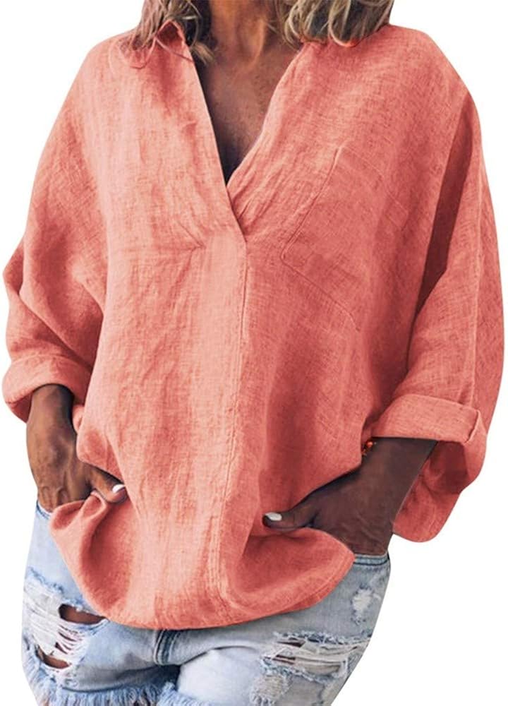 Aniywn Women V-Neck Linen Blouse T-Shirt Loose Solid Simple Pullover Top