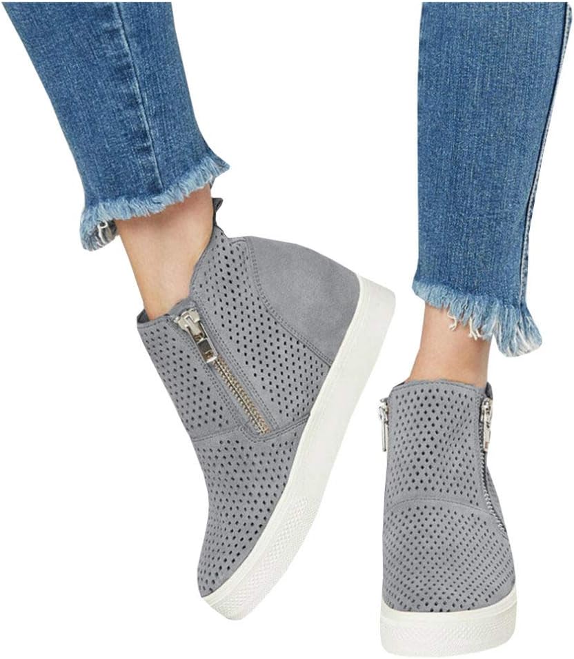 Women’s Platform Sneakers Hidden Wedges Side Zipper Faux Suede Perforated Ankle Booties