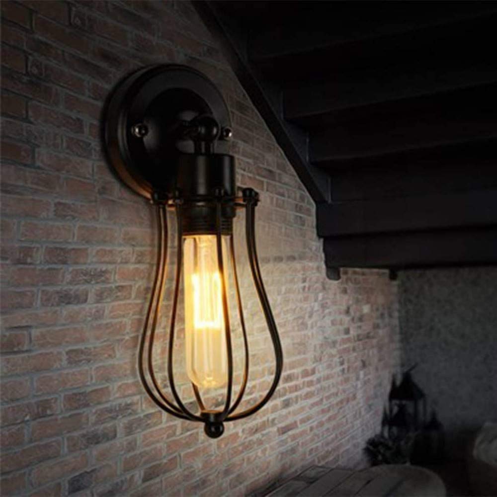 Industrial Wall Sconce Vintage Lighting Adjustable Lamp Rustic Wire Metal Cage Oil Rubbed Wall Light Shade Edison Style Antique Fixture Porch Mirror (No Bulb) (Single Lamp-Base-Black)