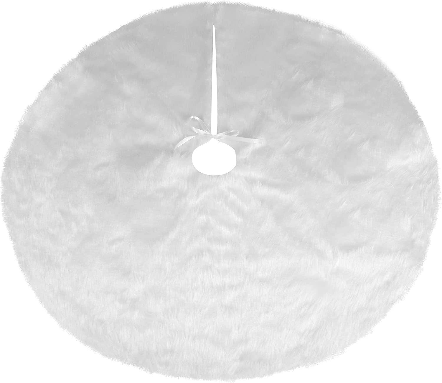 VFM - White Long Pile Plush Christmas Tree Skirt - Super Soft & Thick Furry Festive Fabric Xmas Decoration Snow Blanket 100cm Diameter With Ribbon Tie