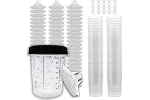 LAUCO Disposable Spray Gun Paint Cups Kit – 50 Pack Liners & Lids with 125 Micron Strainer, Hard Cup, Retainer Ring & Plugs (400ml/13.5oz Kit)