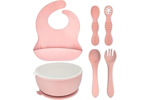 HippoBaby 6 Piece Baby Bowls With Suction and Lids | Toddler Bowl Set with 1 Bowl, 1 Bib, 2 Baby Spoons, 1 Large Spoon, 1 Large Fork, Baby Feeding Essentials (1, Rose Quartz)