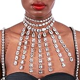 Xerling Large Crystal Tassels Dangling Bohemian Bib Necklaces for Women Oversized Layered Chain Necklaces for Photo Shoot Statement Choker Necklaces (Silver)