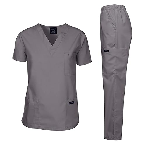 Dagacci Medical Uniform Womens and Mens Scrubs Set Medical Scrubs Shirt Top and Pant, Pewter Gray, Medium,