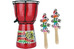 HAND MADE & PAINTED Mini Djembe African Hand Drum with Mahogany Goatskin Drumhead and 2 Jingle Sticks for Beginners Decoratio