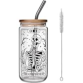 FALJIOK The Overthinker Tarot Card Glass Cup w/Lid Straw 16OZ, Gothic Goth Skull Gifts, Spooky Skeleton Glass Gift for Halloween, Witchy Gifts for Women Tarot Lovers