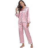 Super Shopping-zone Women's Satin Pajama Set Long Sleeve Pajamas Button Down Pjs Set Silky Sleep Set Sleepwear Loungewear