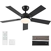 42 Inch Ceiling Fans with Lights and Remote, Black Ceiling Fan with 5 Blades, 6 Speed Reversible DC Motor, 3CCT Dimmable LED, Modern Design for Bedroom, Living room & Covered Outdoor,Includes Downrod