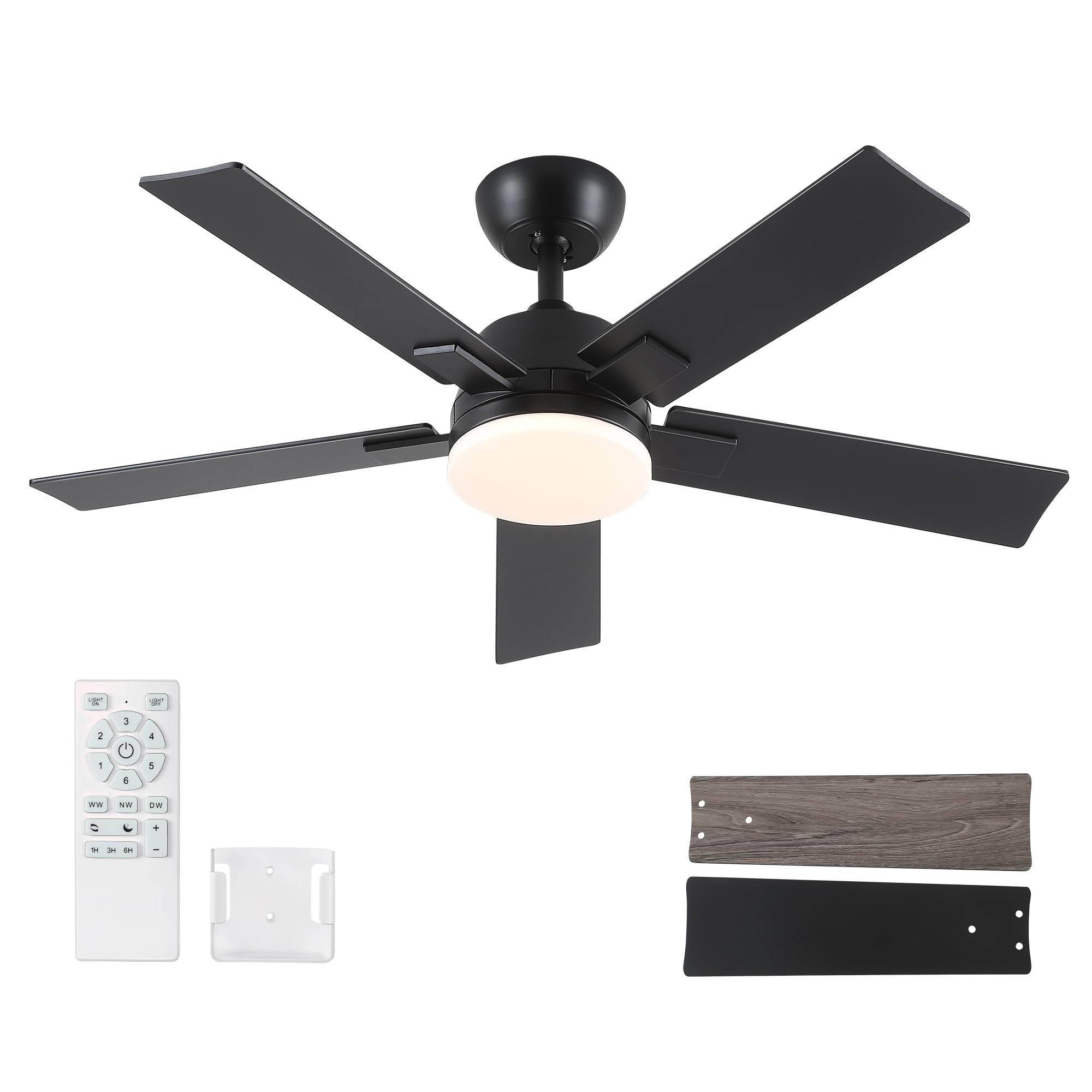 Photo 1 of 42 Inch Ceiling Fans with Lights and Remote, Black Ceiling Fan with 5 Blades, 6 Speed Reversible DC Motor, 3CCT Dimmable LED, Modern Design for Bedroom, Living room & Covered Outdoor,Includes Downrod