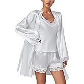LYANER Women's 3pcs Sleepwear Silk Satin V Neck Lace Trim Cami Top and Shorts Pajama Set with Robe