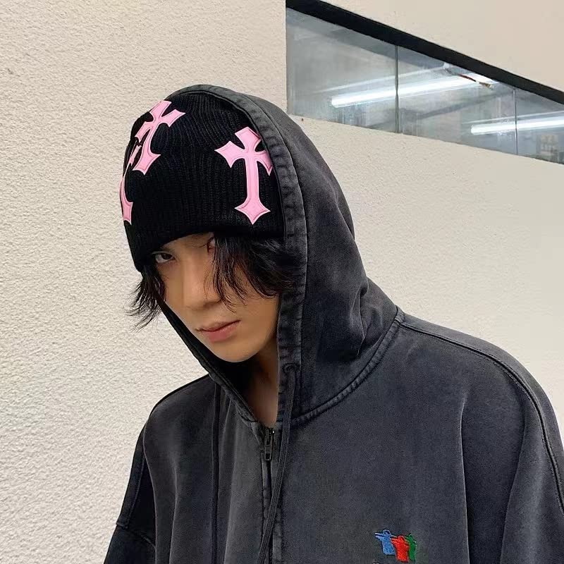 Pooyikoi Y2K Dark Cross Wool Hat Cross Pattern Fashion Loose Pile Hat Slim Knit Hat Cold Hat Autumn and Winter(Black,One Size)