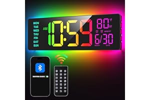 EASYERA 16.5" Large Digital Wall Clock with BT Sync, RGB Lights with 11 Scenes Mode Remote Control, Big LED Clock with Dual Alarms, Auto DST, Temperature for Classroom Gaming