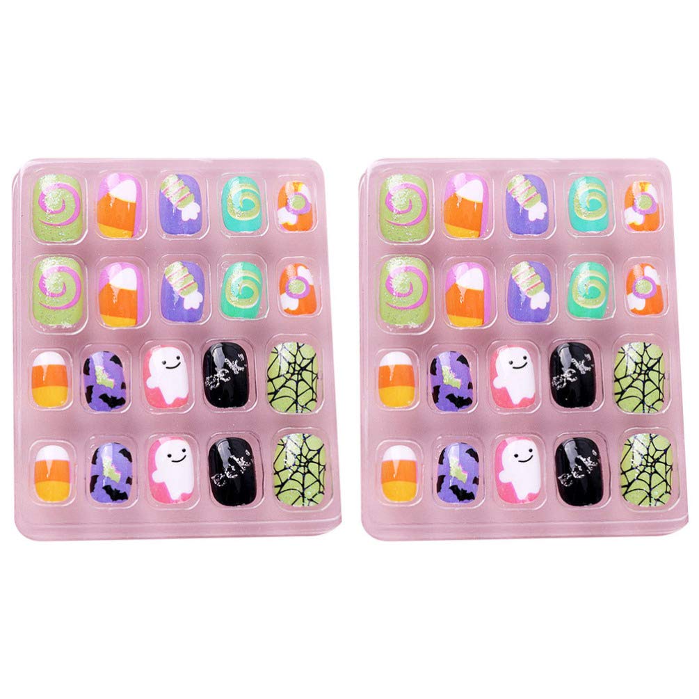 Lurrose Kids Halloween False Nails Artificial Fake Short Fingernails Nail Tips Halloween Gothic Fake Nails Art Salon Diy Decoration for Kids Children 40pcs